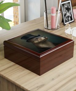Mr. Otter Portrait Wood Keepsake Jewelry Box with Ceramic Tile Cover