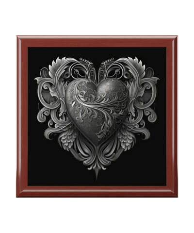 Metalwork Antique Heirloom Heart Wood Keepsake Jewelry Box with Ceramic Tile Cover