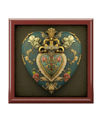 72882 207 400x480 - Royal Antique Heirloom Heart Wood Keepsake Jewelry Box with Ceramic Tile Cover
