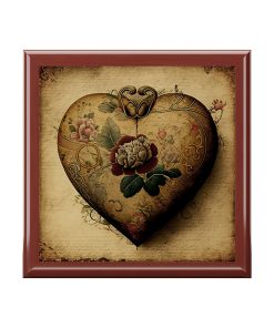 Victorian Heart Wood Keepsake Jewelry Box with Ceramic Tile Cover