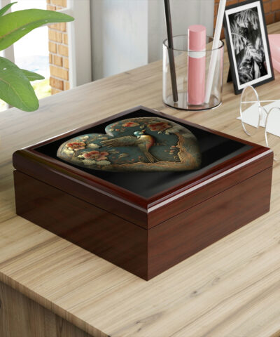 72882 214 400x480 - Antique Heirloom Heart Wood Keepsake Jewelry Box with Ceramic Tile Cover