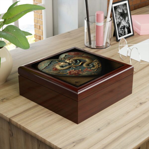 Two Dragons Heart Wood Keepsake Jewelry Box with Ceramic Tile Cover