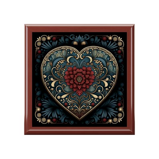 Mandala Heart Wood Keepsake Jewelry Box with Ceramic Tile Cover