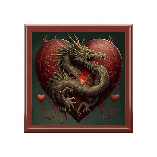 Dragon Heart Wood Keepsake Jewelry Box with Ceramic Tile Cover