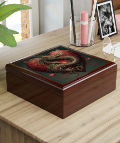 Dragon Heart Wood Keepsake Jewelry Box with Ceramic Tile Cover