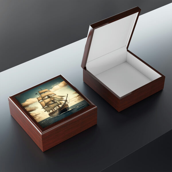Tall Ship Wood Keepsake Jewelry Box with Ceramic Tile Cover