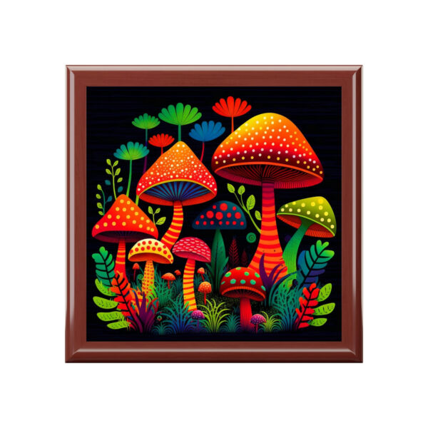 Magic Mushroom Forest Wood Keepsake Jewelry Box with Ceramic Tile Cover