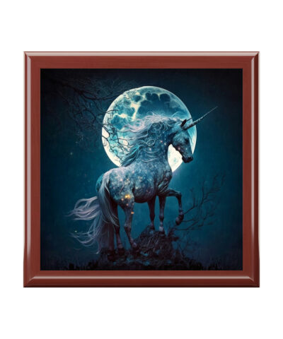 Full Moon Unicorn Wooden Keepsake Jewelry Box with Ceramic Tile Cover