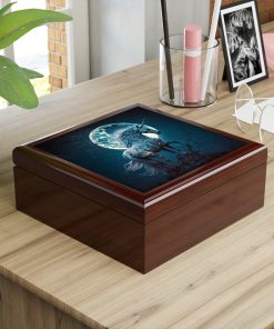 Full Moon Unicorn Wooden Keepsake Jewelry Box with Ceramic Tile Cover