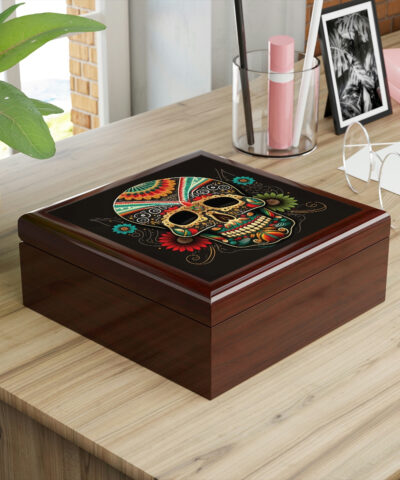 Day of the Dead Skull Wooden Keepsake Jewelry Box with Ceramic Tile Cover