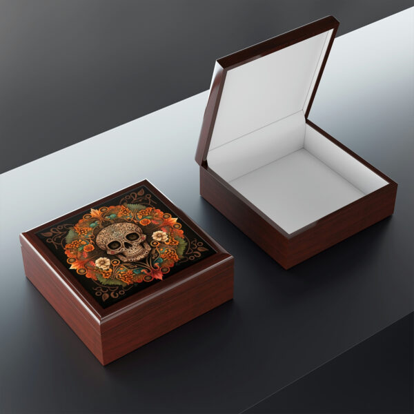 Day of the Dead Skull Mandala Wooden Keepsake Jewelry Box with Ceramic Tile Cover
