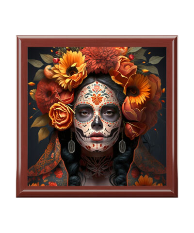 Day of the Dead Wooden Keepsake Jewelry Box with Ceramic Tile Cover