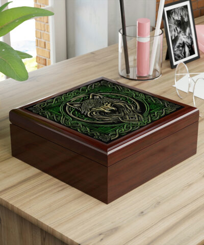 Celtic Knots Wolf Wooden Keepsake Jewelry Box with Ceramic Tile Cover