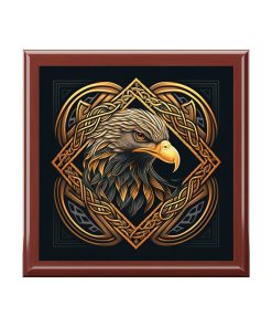 Celtic Knotwork Eagle Wooden Keepsake Jewelry Box with Ceramic Tile Cover