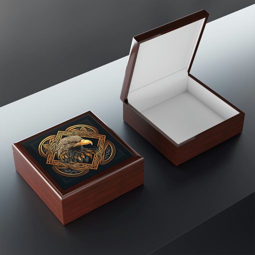 Celtic Knotwork Eagle Wooden Keepsake Jewelry Box with Ceramic Tile Cover