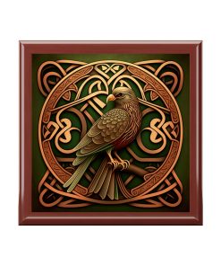Celtic Knotwork Hawk Wooden Keepsake Jewelry Box with Ceramic Tile Cover