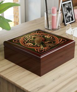 Celtic Knotwork Hawk Wooden Keepsake Jewelry Box with Ceramic Tile Cover