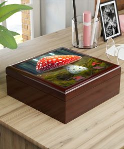 Amanita Muscaria Mushroom Wooden Keepsake Jewelry Box with Ceramic Tile Cover
