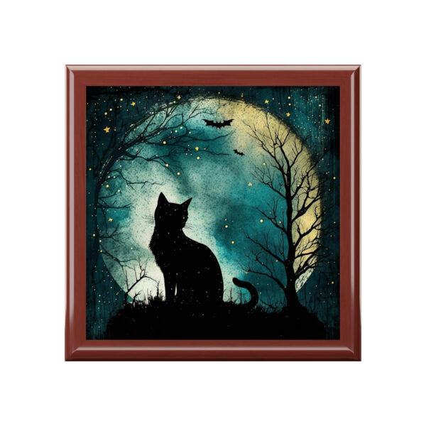 Black Cat Wooden Keepsake Jewelry Box with Ceramic Tile Cover