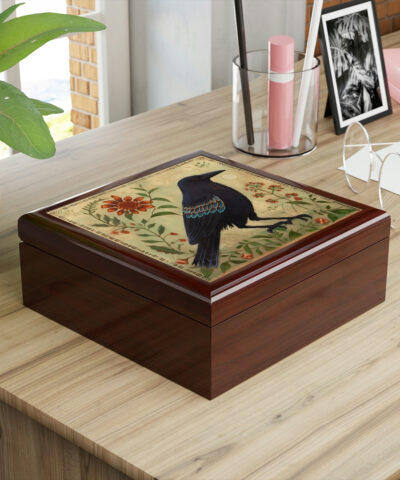 72882 515 400x480 - Rustic Folk Art Raven Design Wooden Keepsake Jewelry Box
