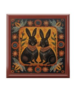 Rustic Folk Art Bunny Couple Design Wooden Keepsake Jewelry Box