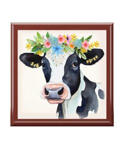 Rustic Folk Art Holstein Cow Portrait Design Wooden Keepsake Jewelry Box