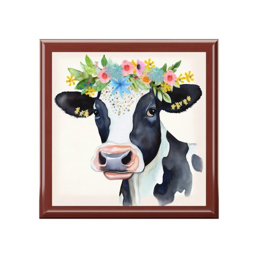Rustic Folk Art Holstein Cow Portrait Design Wooden Keepsake Jewelry Box