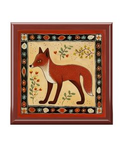 Rustic Folk Art Fox Design Wooden Keepsake Jewelry Box