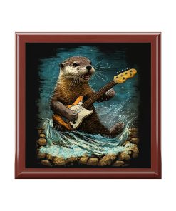 Otter Playing Guitar in Creek Wood Keepsake Jewelry Box with Ceramic Tile Cover