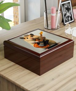 Hamster with Guitar Wood Keepsake Jewelry Box with Ceramic Tile Cover
