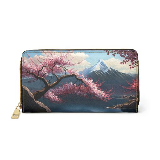 Mt. Fuji Cherry Blossom Scene Zipper Wallet  | Cottagecore Mid-Century Modern Themed Purse