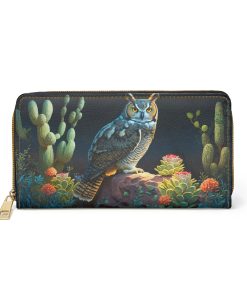 Owl in Cactus Desert Zipper Wallet  | Cottagecore Mid-Century Modern Themed Purse