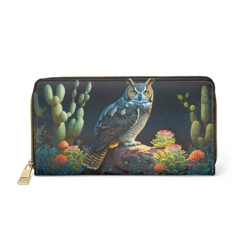 Owl in Cactus Desert Zipper Wallet  | Cottagecore Mid-Century Modern Themed Purse