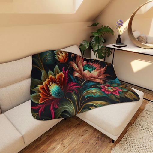 Sherpa Blanket – Boho Modern Brilliant Floral Design Tan Sherpa Blanket