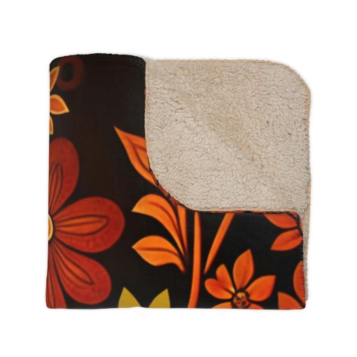 Sherpa Blanket – Boho Modern 70s Floral Design Tan Sherpa Blanket