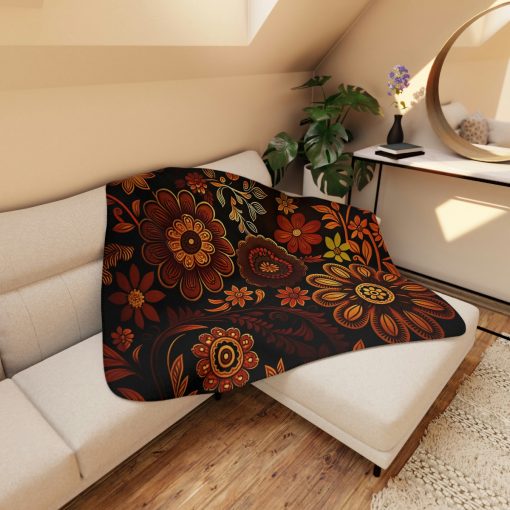 Sherpa Blanket – Boho Modern 70s Floral Design Tan Sherpa Blanket