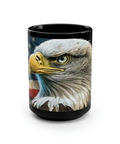 Bald Eagle with American Flag – Black 15 oz Blck Coffee Mug