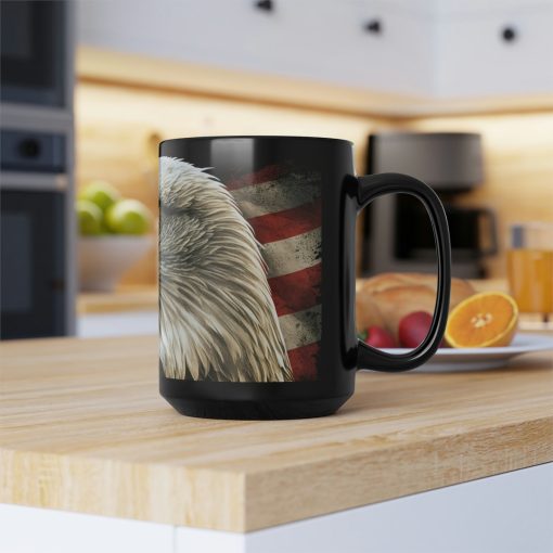 Bald Eagle with American Flag – Black 15 oz Blck Coffee Mug