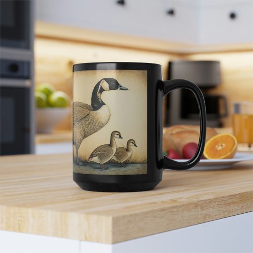 Vintage Canadian Geese Family – Goose and Gosslings – Black 15 oz Blck Coffee Mug