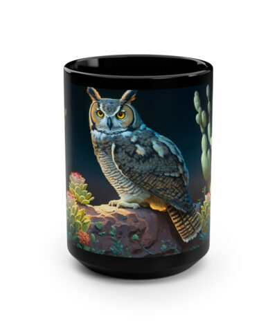 Great Horned Owl in Desert Cactus Garden – Black 15 oz Blck Coffee Mug