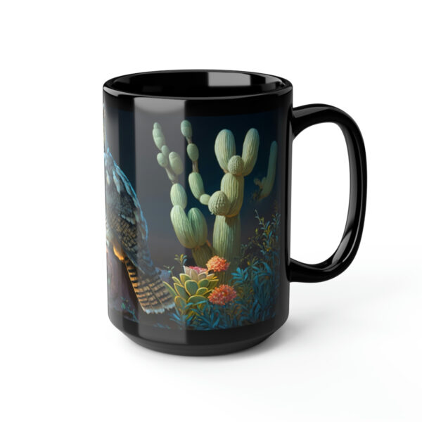 Great Horned Owl in Desert Cactus Garden – Black 15 oz Blck Coffee Mug