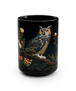 Vintage Great Horned Owl Print – Black 15 oz Blck Coffee Mug