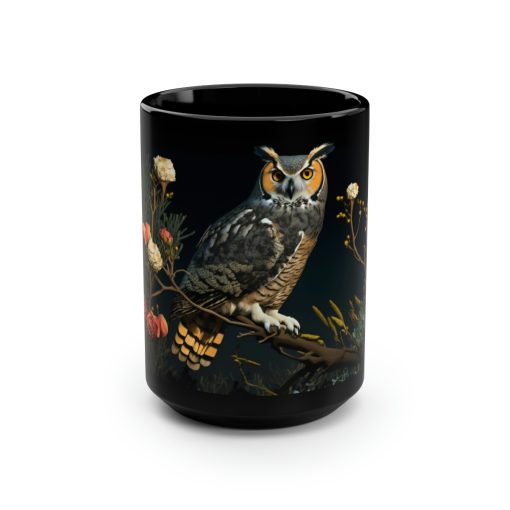 Vintage Great Horned Owl Print – Black 15 oz Blck Coffee Mug