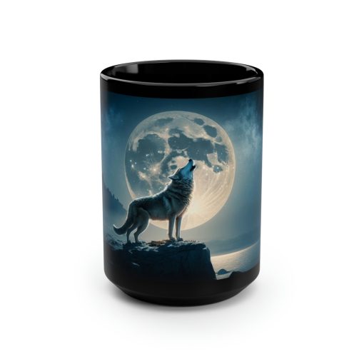Midnight Wolf Howing at the Full Moon – Black 15 oz Blck Coffee Mug