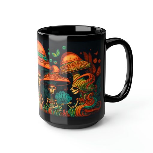 Mesoamerican Magic Mushroom Skulls 15 oz Coffee Mug perfect for the mushrooming fan or as a birthday gift for nature lovers