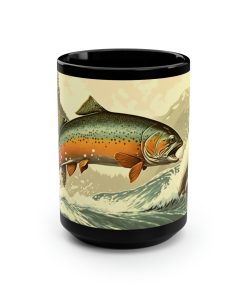 Vintage Trout Jumping in Mountain Stream – 15 oz Coffee Mug – Fishing fisherman Mug