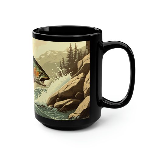 Vintage Trout Jumping in Mountain Stream – 15 oz Coffee Mug – Fishing fisherman Mug