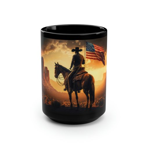 Cowboy on Horseback Holding American Flag 15 oz Coffee Mug | Cowboy Western Aesthetic