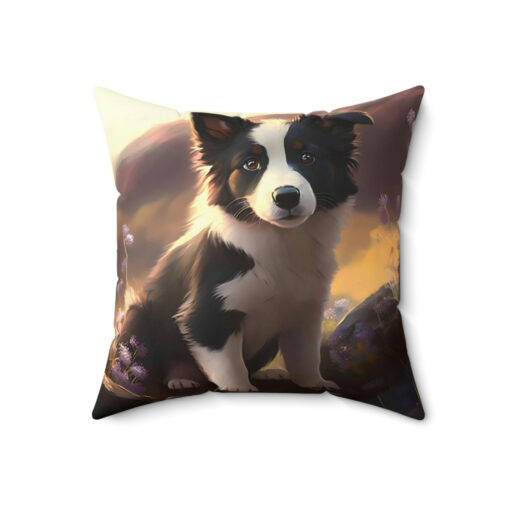 Watercolor Border Collie Puppie in Mountain Meadow  Spun Polyester Square Pillow