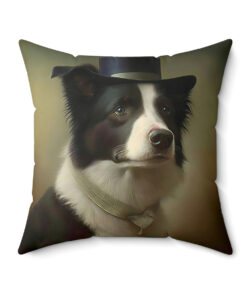 Victorian Vintage Border Collie with Tophat Spun Polyester Square Pillow